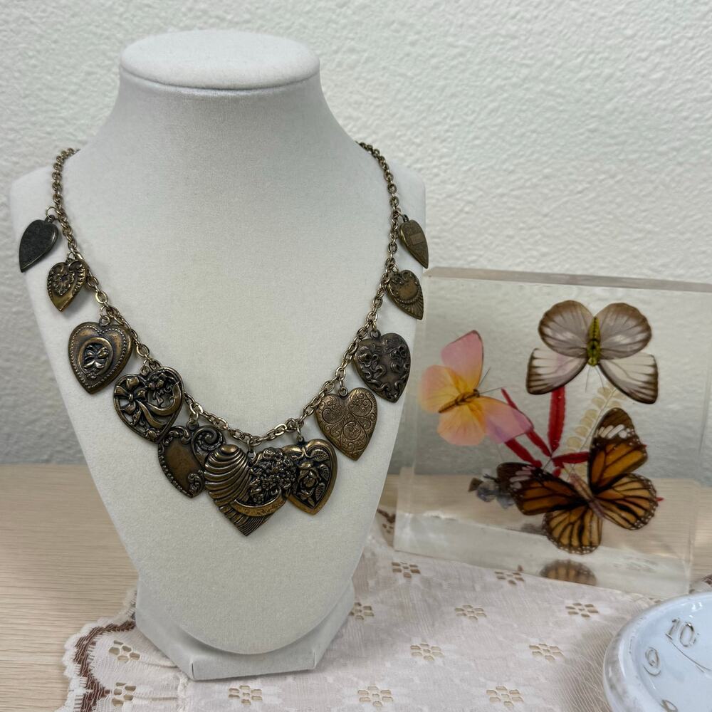 Vintage Multi Heart Charm Necklace Steampunk Gothic Victorian Dark Coquette